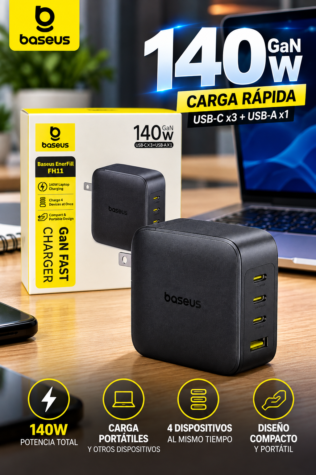 cargador baseus 140w gan usb c cargador baseus 140w gan usb c
