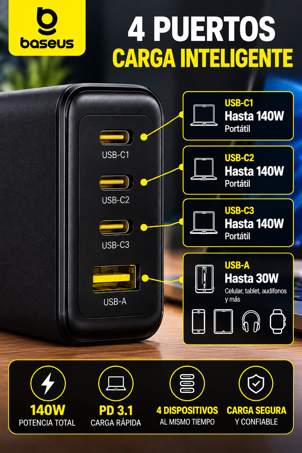 cargador baseus potencia inteligente 140w cargador baseus potencia inteligente 140w